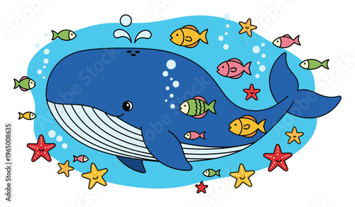 A friendly blue whale swims happily in the ocean surrounded by colorful fish and starfish, making it ideal for childrens books, educational materials, nursery decor, and aquatic themed