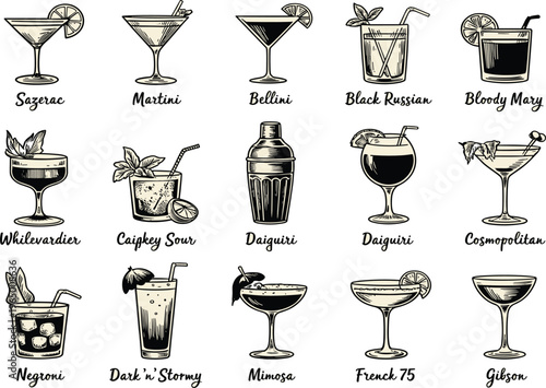 Classic cocktails vector collection, hand drawn sketch set of alcoholic beverages including martini, negroni, and daiquiri, isolated on white background
