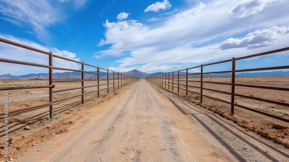 Obraz premium Dusty rural road leading between metal fences under bright blue sky with fluffy clouds and distant mountains in the background