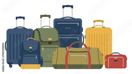 A collection of colorful travel luggage including large suitcases, sturdy backpacks, and a versatile duffel bag, perfect for illustrating themes of vacation, adventure, and airport journeys.