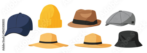 Assortment of diverse headwear designs featuring a baseball cap, warm beanie, classic fedora, traditional flat cap, natural straw hat, and casual bucket hat for various apparel and