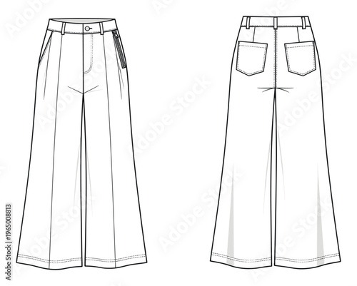Technical flat drawing of womens wide leg palazzo pants with front and back views, essential for fashion designers and product developers requiring detailed garment specifications.