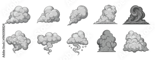This versatile collection of smoke and cloud shapes provides dynamic visual effects for various graphic projects including game development, animation sequences, and dramatic visual