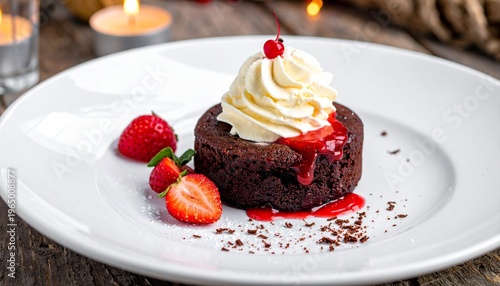 Decadent Chocolate Lava Cake with Fresh Strawberries and Whipped Cream, a Sweet Dessert Experience