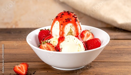 Delicious vanilla ice cream topped with strawberry syrup and fresh strawberries in a white bowl, perfect for a summer treat