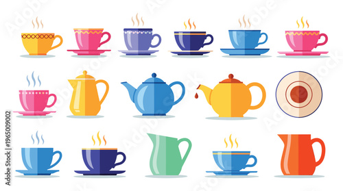 A vibrant collection of hot beverage cups, teapots, and pitchers in a modern flat graphic style, perfect for kitchenware, cafe, or hospitality promotions.