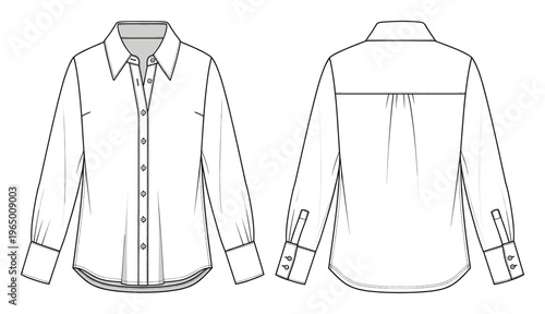 Professional womens collared buttonup blouse with long cuffed sleeves and back pleats perfect for apparel design development clothing manufacturing specifications and textile style guides