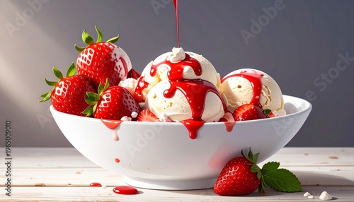 Delicious Strawberry Ice Cream Sundae Topped with Sweet Strawberry Syrup and Fresh Berries in a White Bowl