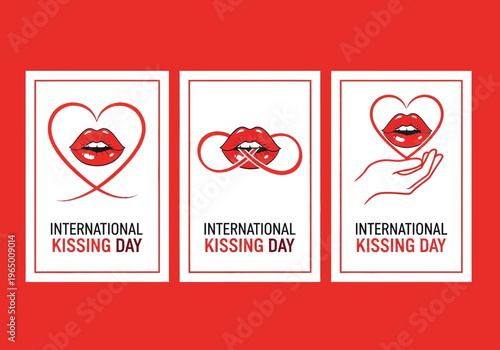 International kissing day posters with lip and heart illustrations