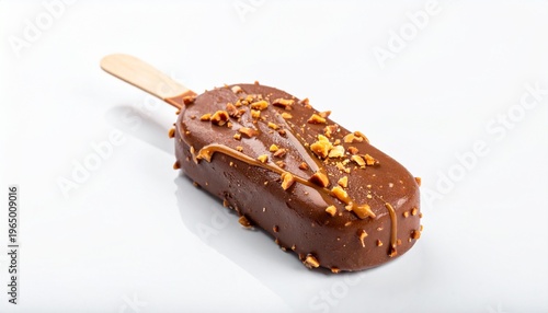 Delicious chocolate-covered ice cream bar with crunchy nuts on a white background, a refreshing summer treat