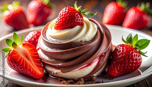 Indulgent Chocolate and Strawberry Swirl Dessert on a White Plate, Perfect for Sweet Cravings