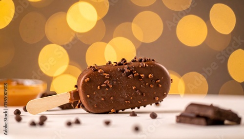 Rich chocolate ice cream bar covered in crunchy chocolate chips and served with a dollop of caramel sauce on the side, perfect for a sweet treat