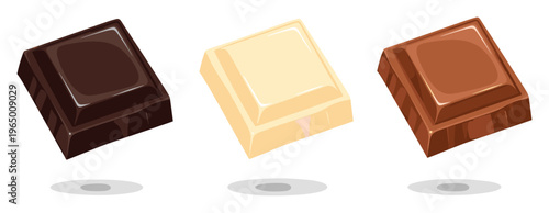 Delicious dark, white, and milk chocolate squares presented as a tempting assortment, ideal for confectionery packaging, sweet treat promotions, or dessert menu visuals.