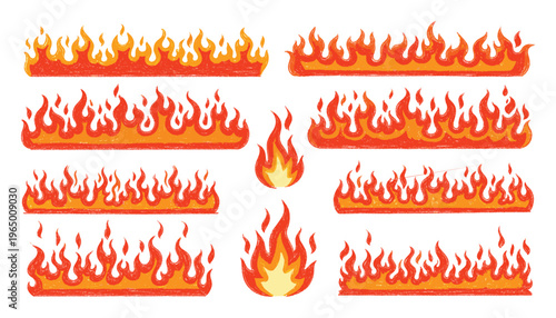 Dynamic textured fire flame borders and energetic individual fire elements with glowing red and orange hues suitable for various hot designs and warning graphics