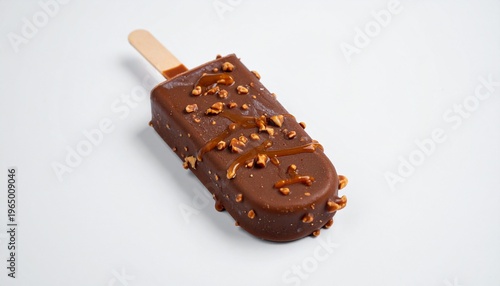 Delicious chocolate-covered ice cream bar with crunchy nuts on a white background