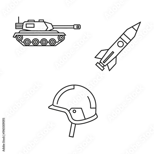 Military Icons: Tank, Rocket, and Helmet - Vector Line Art