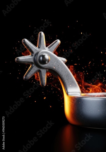 Close-up of a metallic cowboy spur with glowing embers and fire on a dark background
