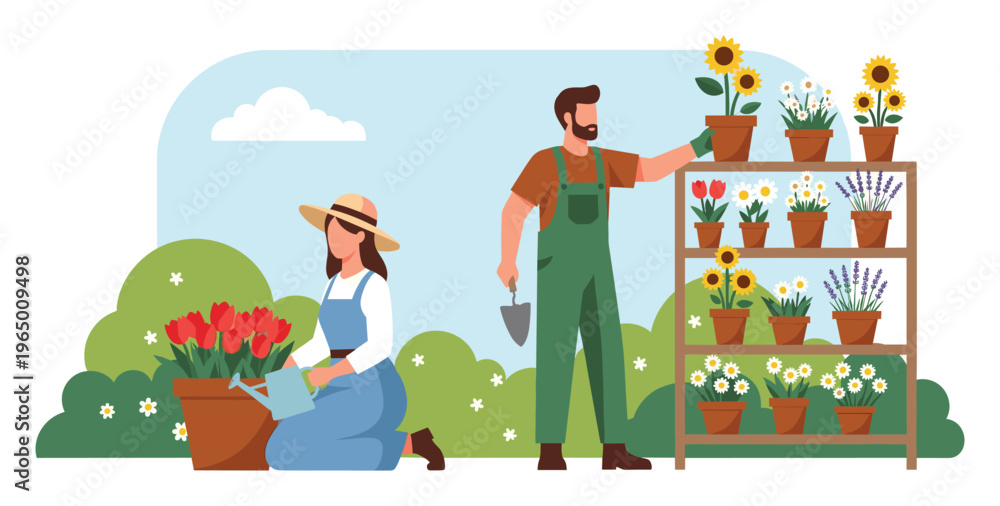 Fototapeta premium Dedicated gardeners cultivate a variety of vibrant potted flowers including sunflowers, tulips, daisies, and lavender, ideal for themes of spring, hobbies, and nature.