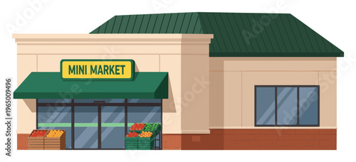 A vibrant mini market building with a green awning and roof featuring fresh fruits and vegetables displayed outside, suitable for illustrating small retail businesses or neighborhood