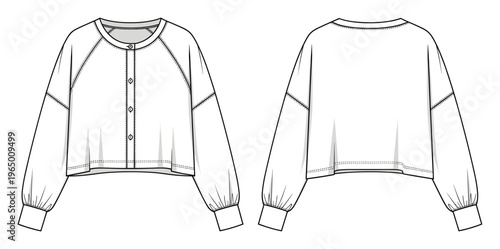 Commercial garment specification for a versatile womens cropped raglan sleeve buttonfront top, ideal for apparel product development and fashion industry presentations.