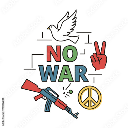 No War Text with Dove, Gun, Peace Sign and Victory Hand