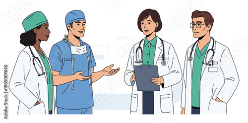 Diverse group of medical professionals including Black and Asian doctors engaged in a team discussion, ideal for healthcare industry presentations and professional service promotions.