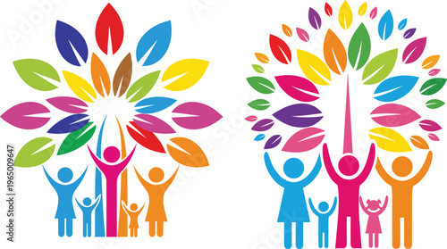 Colorful vector illustration of a family tree featuring people as trunk and branches with vibrant multicolored leaves isolated on a white background
