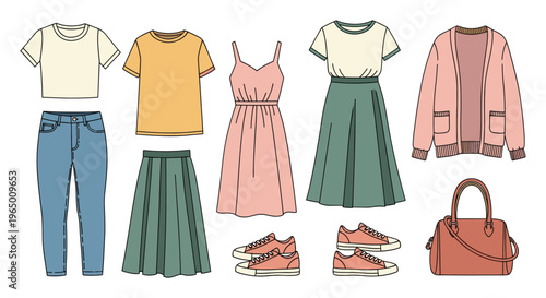 A collection of comfortable and versatile womens clothing items and accessories perfect for creating various casual and everyday spring and summer outfits for lifestyle and retail