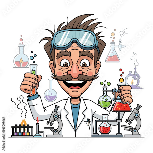 Mad Scientist with Colorful Chemical Experiments in Laboratory