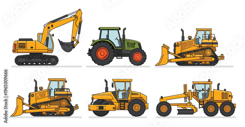 A detailed collection of various heavy machinery and industrial vehicles featuring an excavator, tractor, bulldozer, road roller, and motor grader essential for construction, farming, and