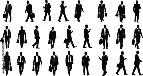 Diverse Black Silhouettes Collection of Business People Featuring Professional Men and Women in Suits Carrying Briefcases and Handbags Walking and Standing Isolated on White