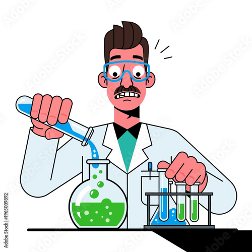 Scientist Accidentally Spills Liquid in Laboratory Experiment, Cartoon Style