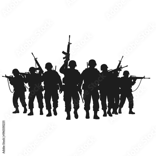 Silhouette of Soldiers with Rifles, Military Team Marching Forward