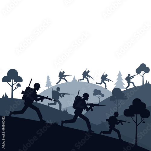 Silhouette Soldiers Running Uphill with Rifles, Military Landscape Background