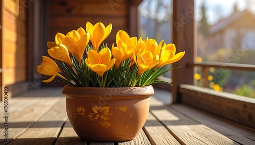 A vibrant clay pot with yellow flowers on a wooden deck