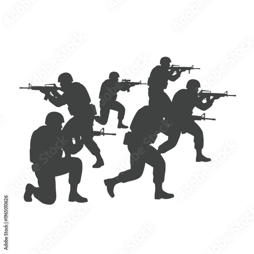 Silhouette soldiers with rifles, tactical team advancing, military action, combat squad