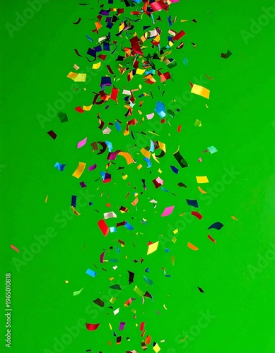 A vibrant green background with colorful confetti pieces