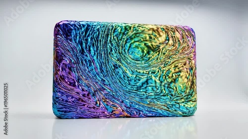 A colorful glass object with swirling patterns and a metallic sheen