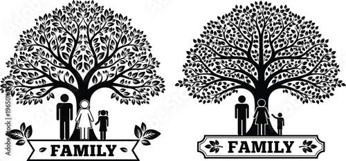 Set of family tree silhouettes featuring black and white tree icons with people figures and banners isolated on a plain white background