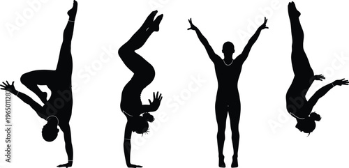 Set of gymnast silhouettes featuring female athletes performing various acrobatic moves like handstands tucks and aerial stunts isolated on a plain white background