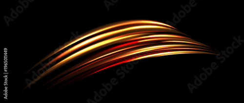 Red yellow light trail element. Glowing neon speed line wave. Hot fire color luminous curved path concept. Abstract bent dynamic motion stripes. Bright fiery streaks for poster, banner, flyer. Vector