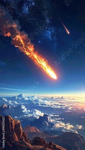 A vibrant meteor streaks across the sky