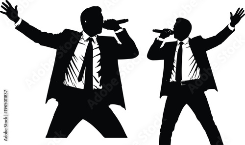 Silhouette of two male singers in suits performing with microphones during a live concert stage show isolated on a white background background