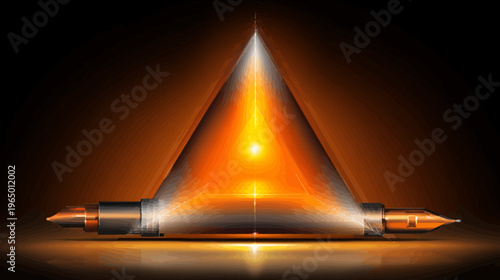 Glowing triangle of light illuminates a futuristic, cylindrical object. The image has a dark, warm color palette