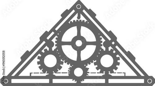 Gray silhouette of gears and mechanical components in a triangular frame against a white background