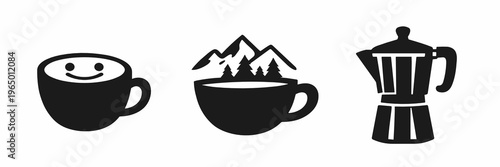 Black icon trio with happy coffee mug, mountain landscape cup, and stovetop espresso pot. Ideal for cafe logos, camping drinks, breakfast themes, and cozy lifestyle graphics.