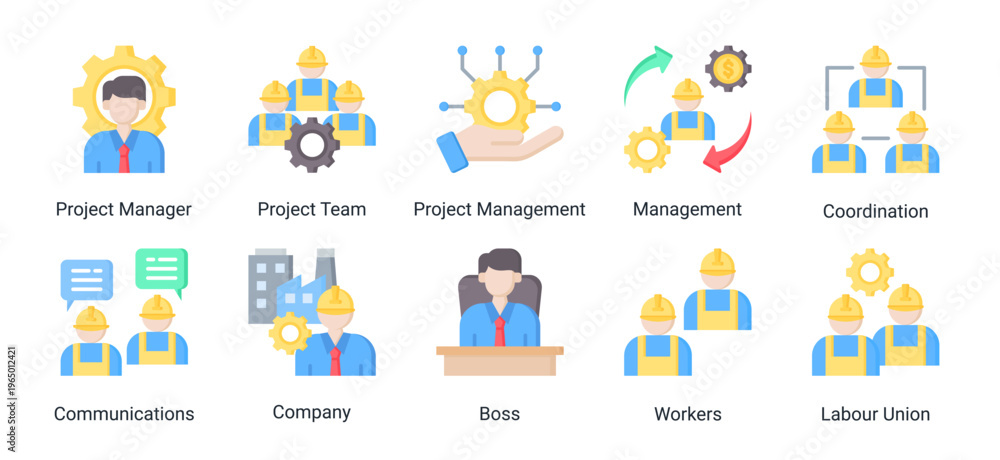 Fototapeta premium Construction team and management icon set featuring leadership,coordination,workforce,and communication.Ideal for organization and business management concepts.