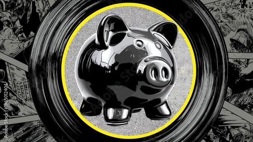 Glossy black piggy bank illustration on a textured circle, with a comic book style background