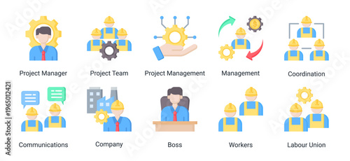 Construction team and management icon set featuring leadership,coordination,workforce,and communication.Ideal for organization and business management concepts.