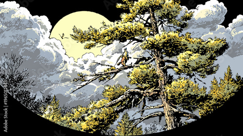 A detailed illustration of a tree with an eagle perched on a branch, overlooking a cloudy landscape